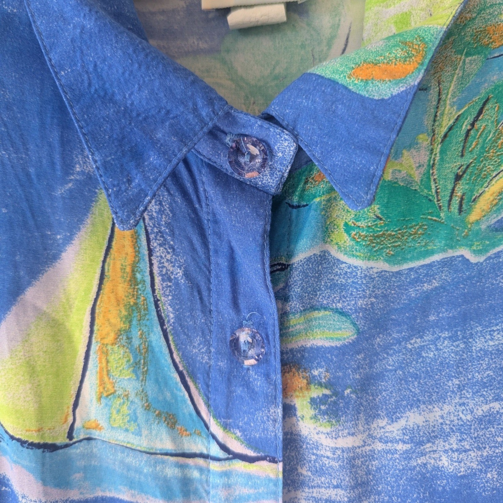 Vtg 90s Sailboat Print Rayon Short Sleeve Button Up Shirt Blue Sz L Made in USA