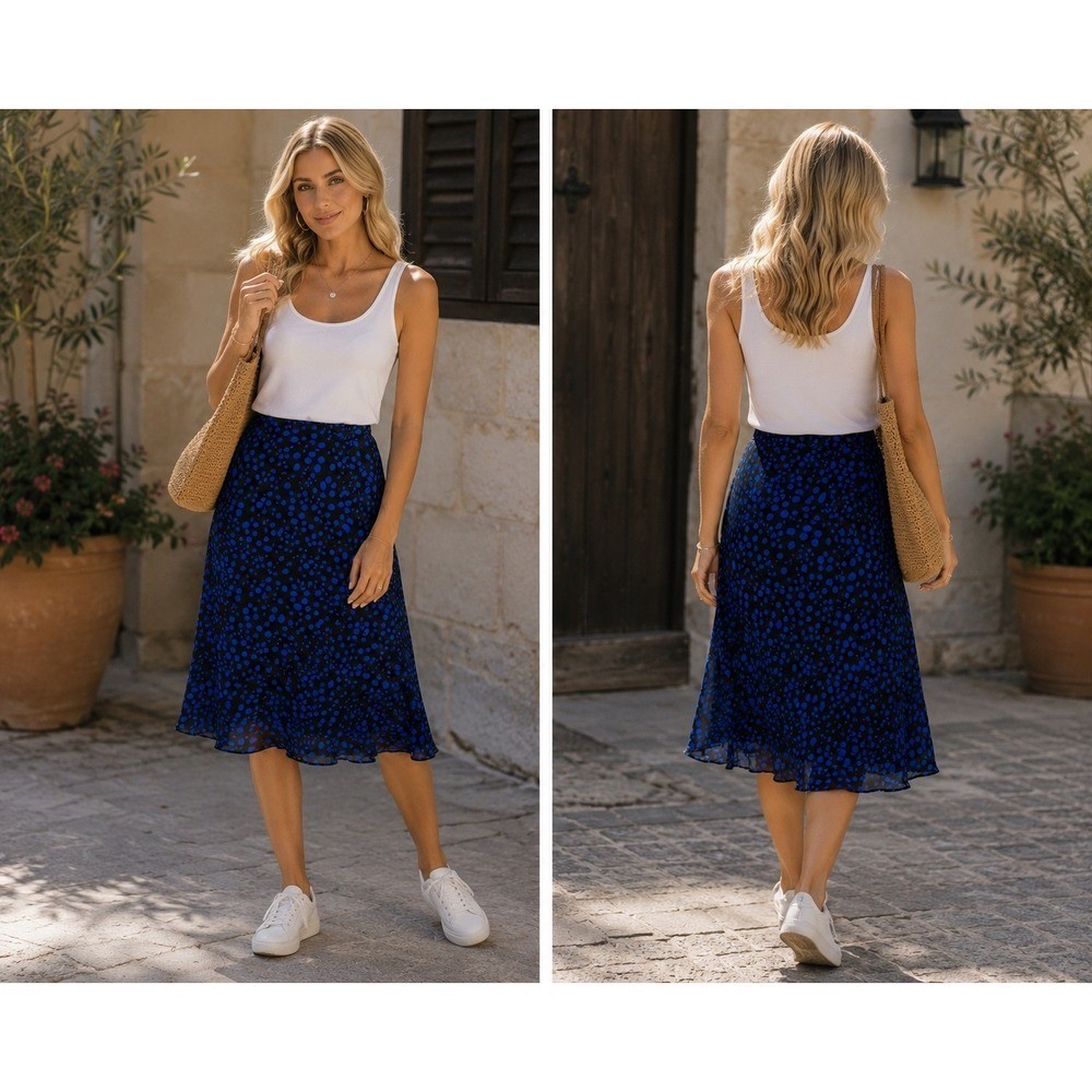 Drapers & Damons Vintage Blue Polka Dot Midi Skirt Petite 10P Chiffon A-Line