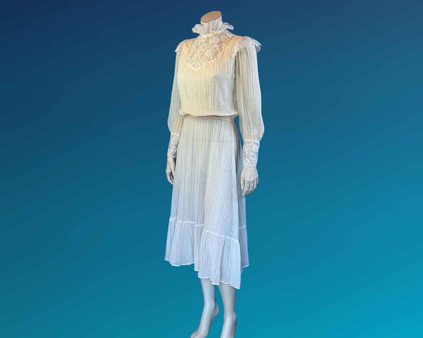 Vintage Romantic Victorian Revival Prairie Lace Crinkle Cotton Dress | S