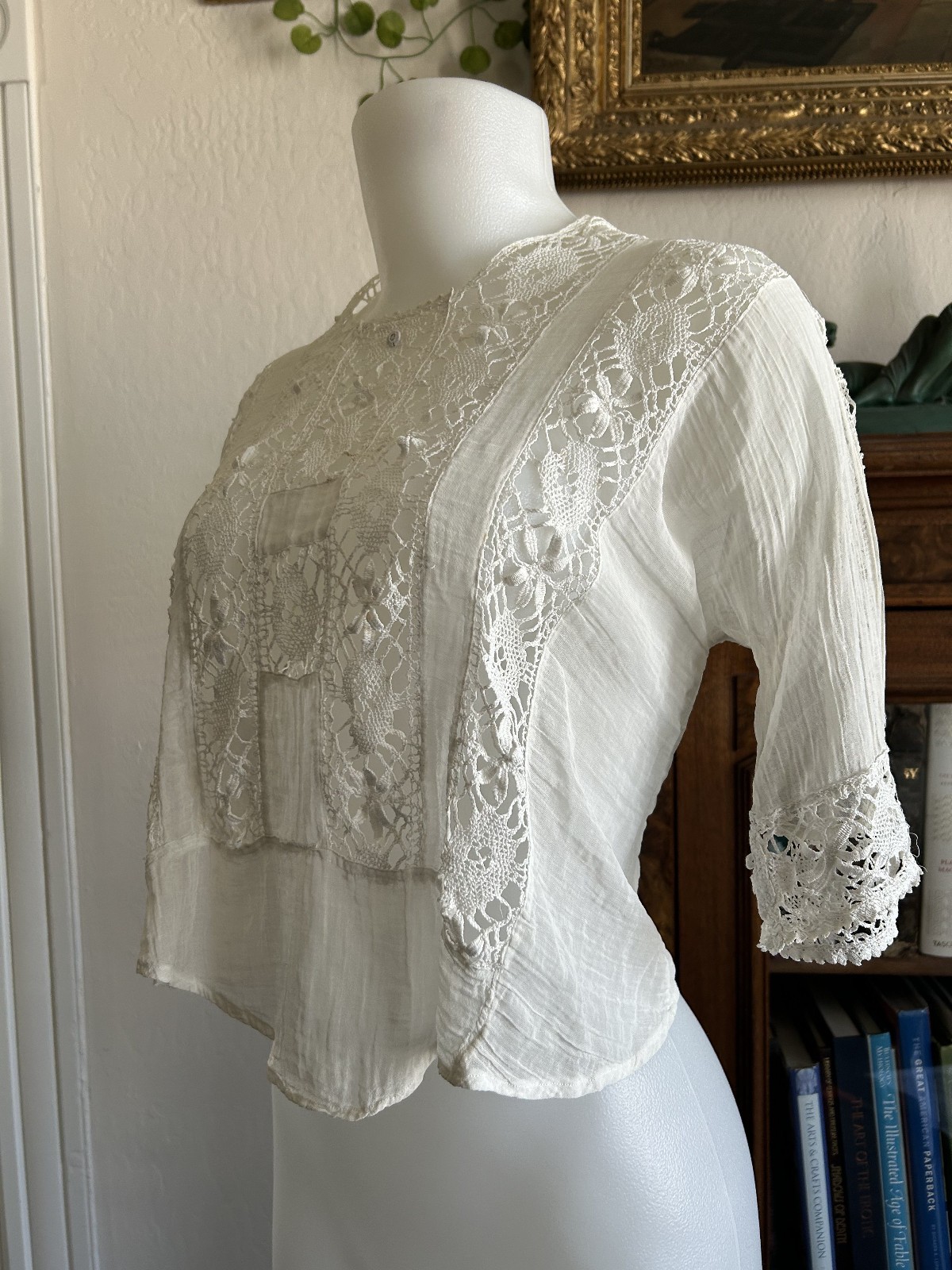 Antique Victorian Edwardian White Lace Gauze Blouse Crochet Insert Cottagecore S