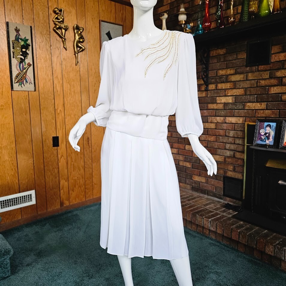 Vintage 80s Sheer Disco Winter White Gold Glitter Flame Blouson Party Dress S/M
