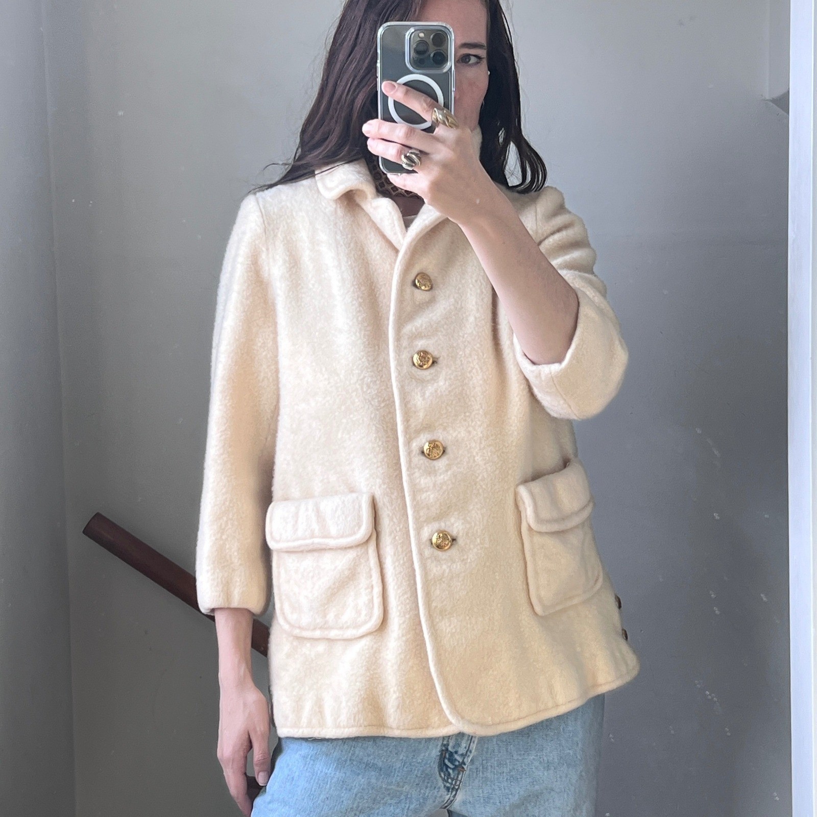 Vintage Wool Mohair Coat Cream Gold Button Textured Fuzzy Mod MCM Glam