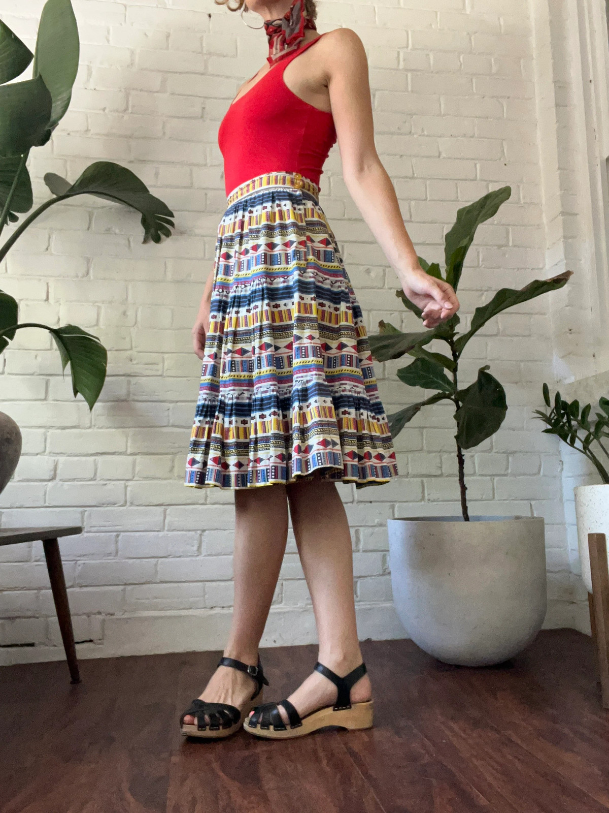 GEOMETRIC STRIPE Vintage 1950s Tiered Cotton Swing Skirt Bright Primary Colours