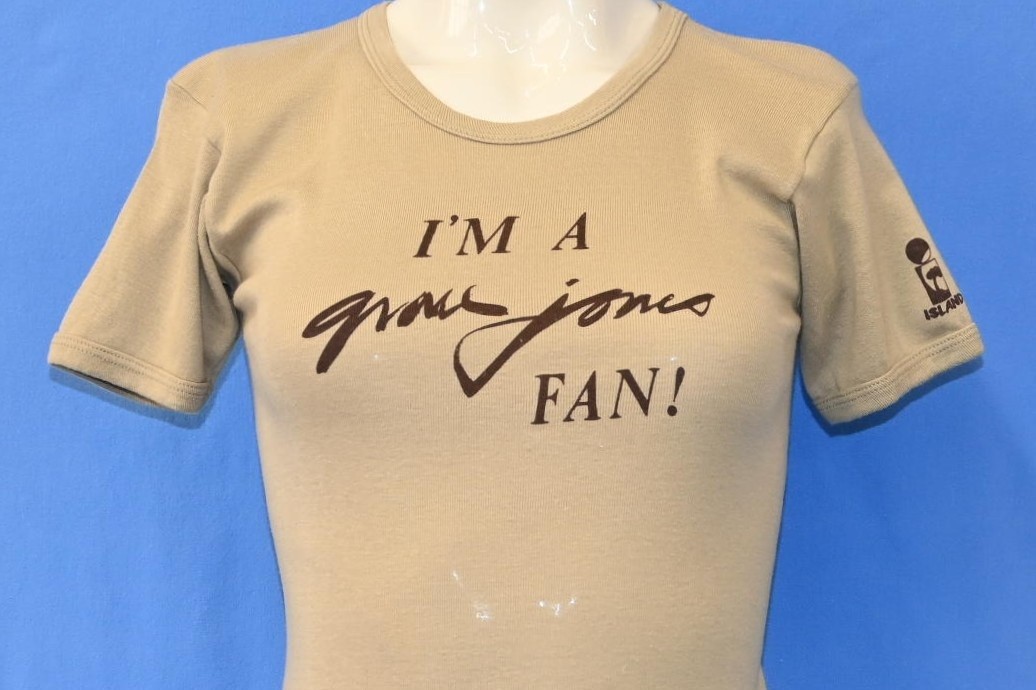 vtg 70s IM A GRACE JONES FAN PORTFOLIO ISLAND RECORDS RIB KNIT t-shirt WOMENS XS