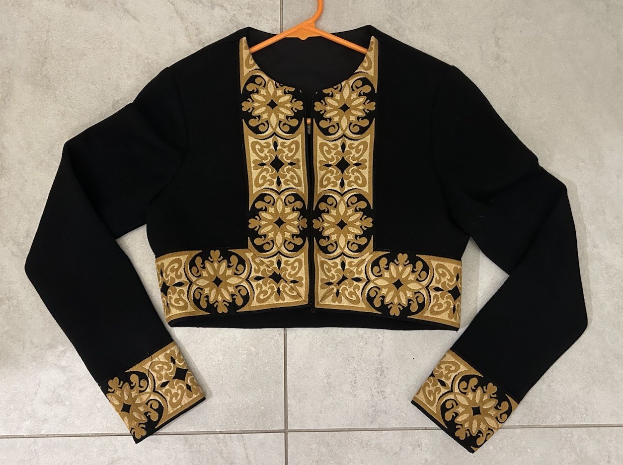 Vintage 80s Black Gold Embroidered Cropped Bolero Jacket Size 8 Womens Mariachi