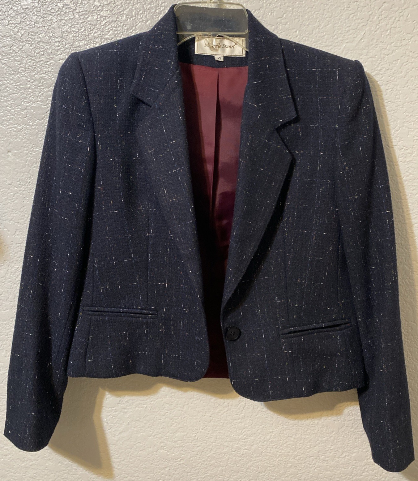Women vintage Michelle Stuart jacket/blazer Tweed Navy Blue Color Fleck String