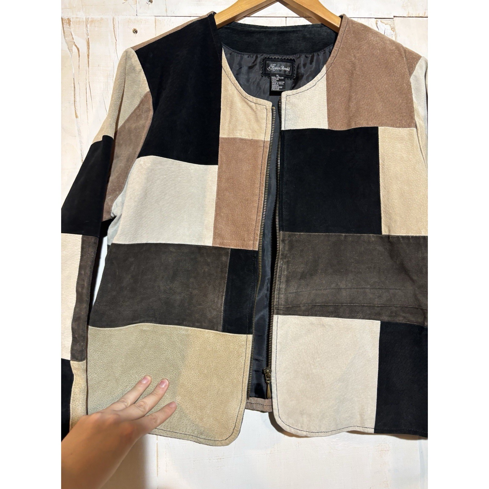 Vintage Karen Arnold Women XL Suede Leather Jacket Multicolor Patchwork Boho 90s