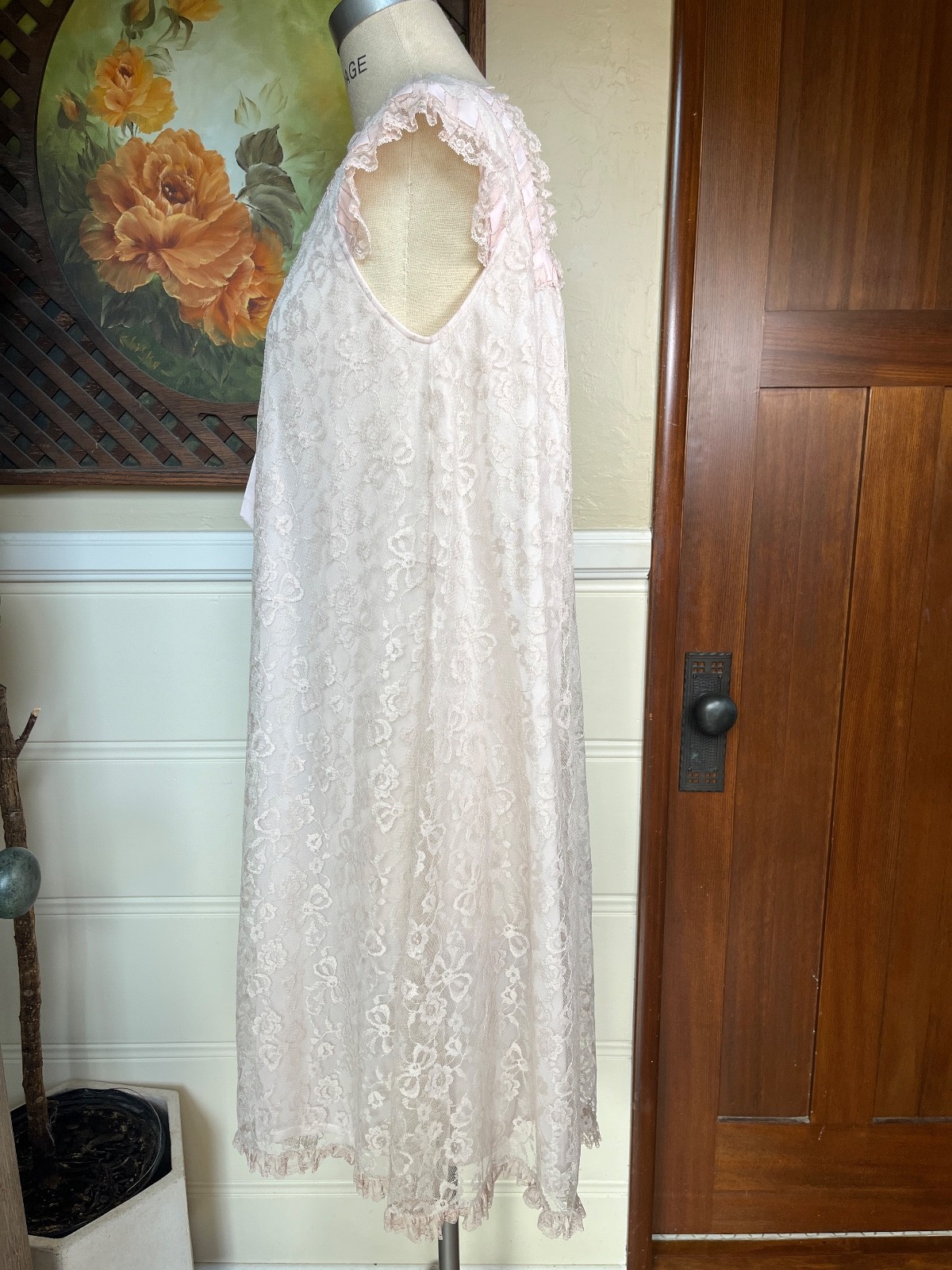 VTG Odette Barsa Floral Lace Robe & Pink Chiffon Nightgown Peignoir Coquette M/L