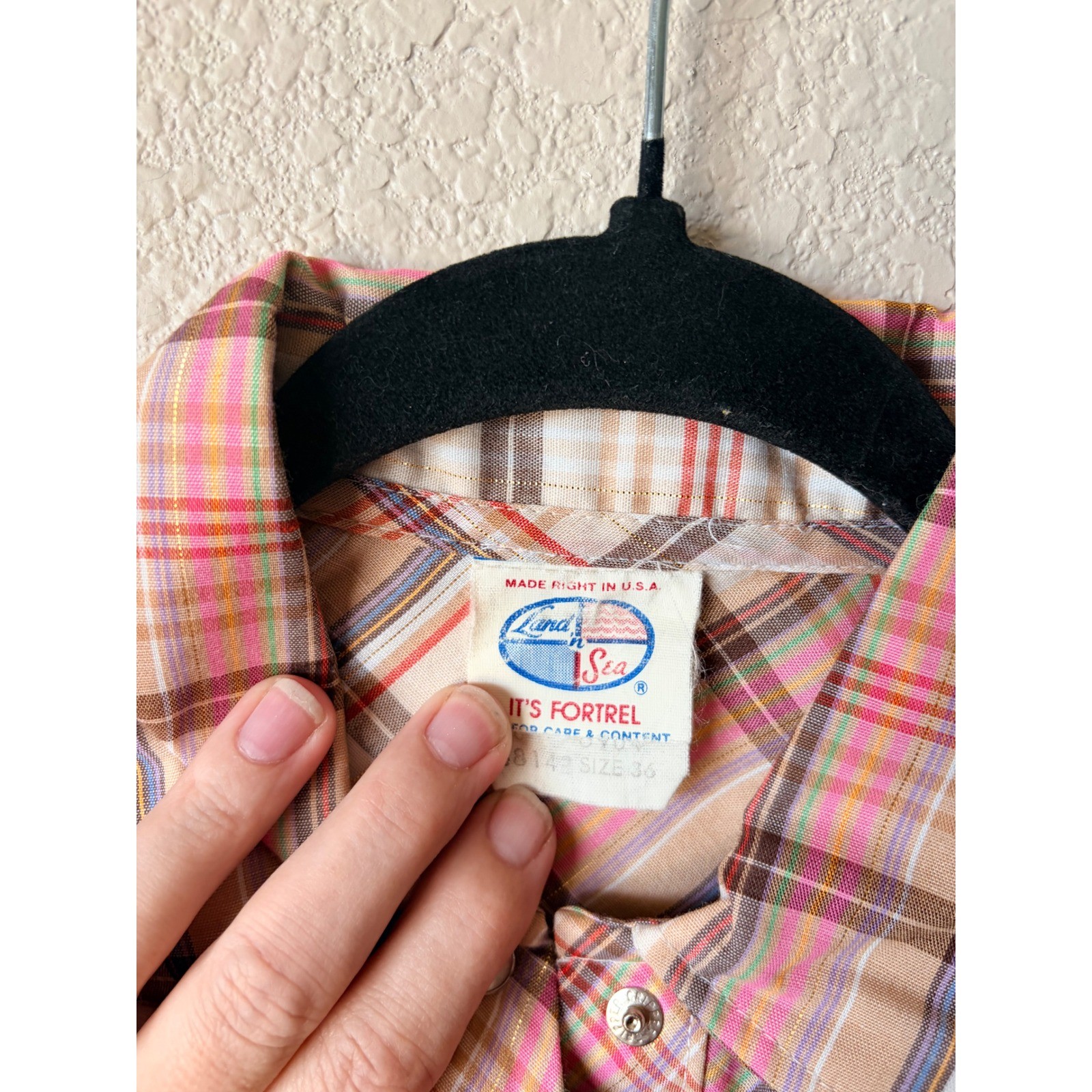 Vintage Land n Sea Western Plaid Snap Button Shirt Pink Tan Fortrel USA Size 36