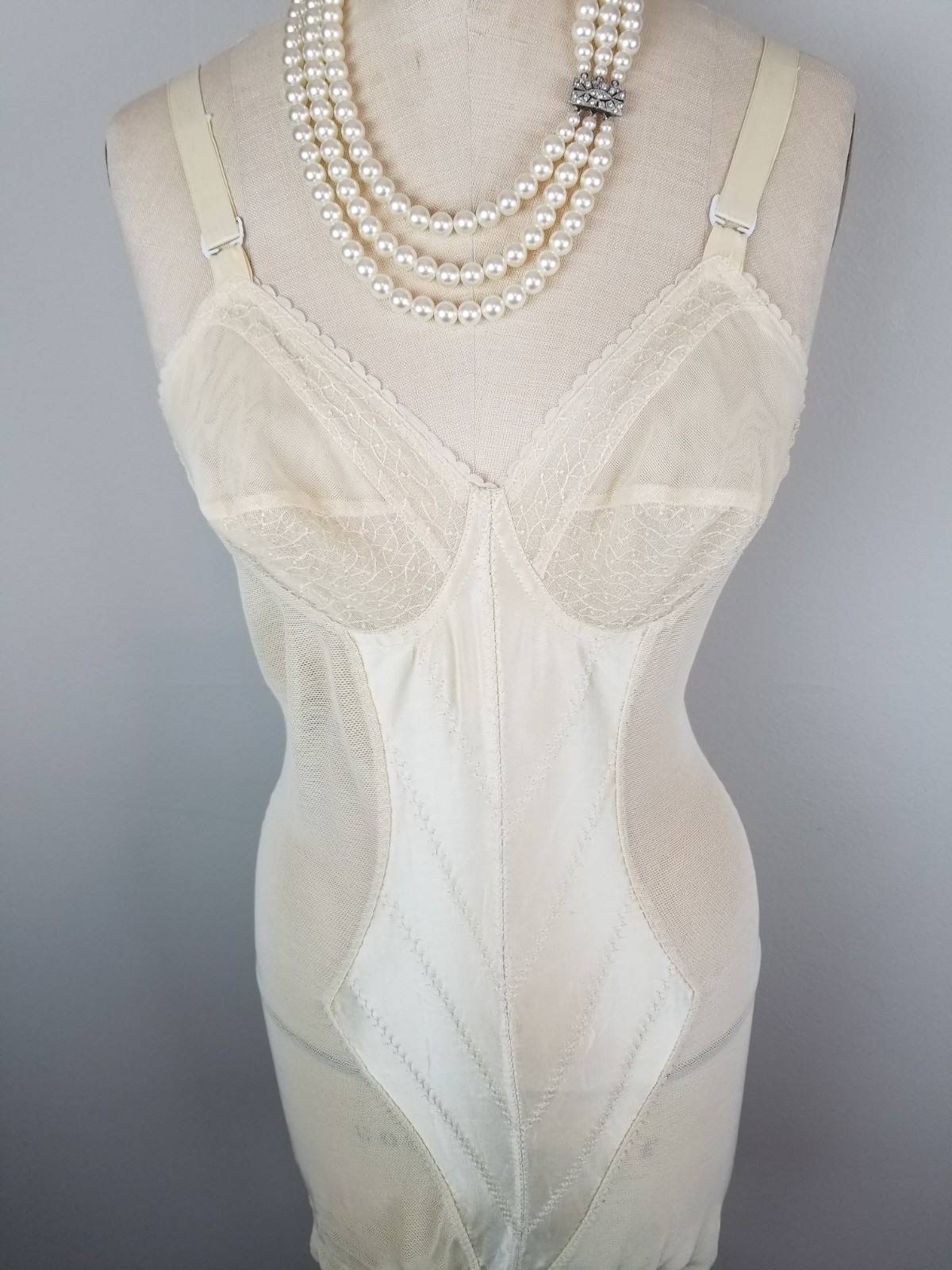 Vintage 1950 Corselette Shapewear Slip Garter Pin Up Ivory Lace & Mesh Size 34B