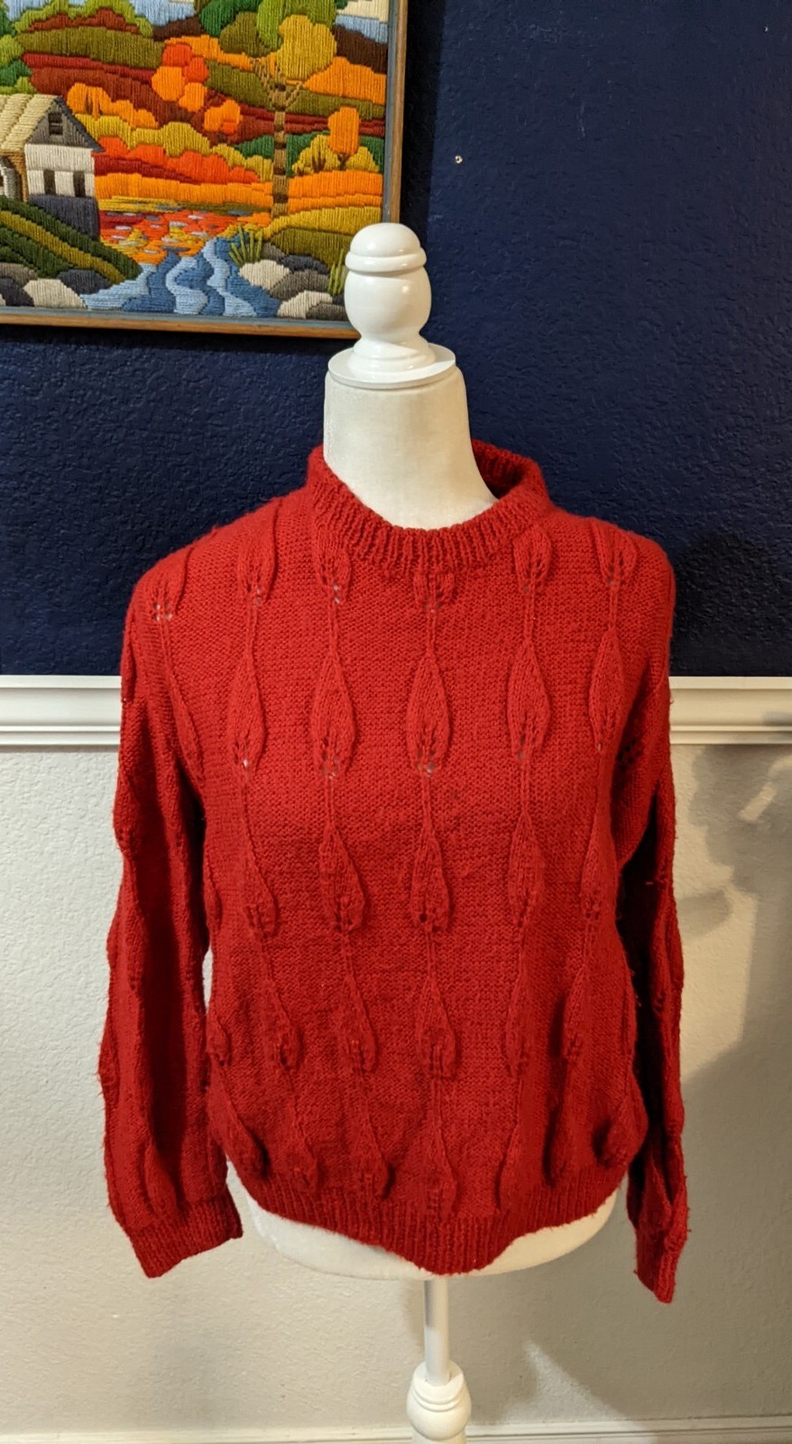 VTG Unbranded Handmade Red Knit Sweater Long Sleeve Pullover Sz Medium M