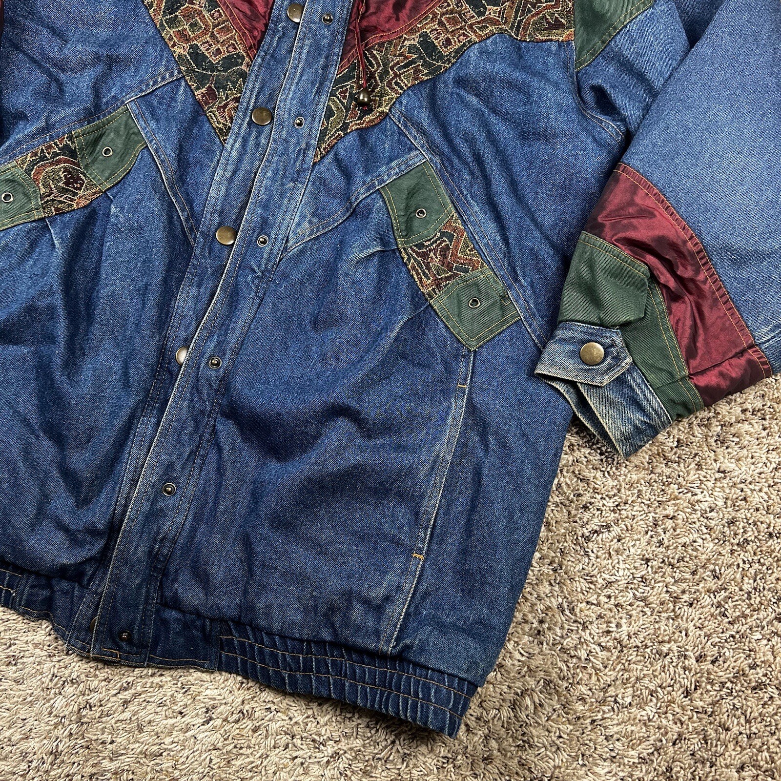 Vintage 90s Two Twenty Women’s Blue Denim Patchwork Winter Lined Jacket XL Long