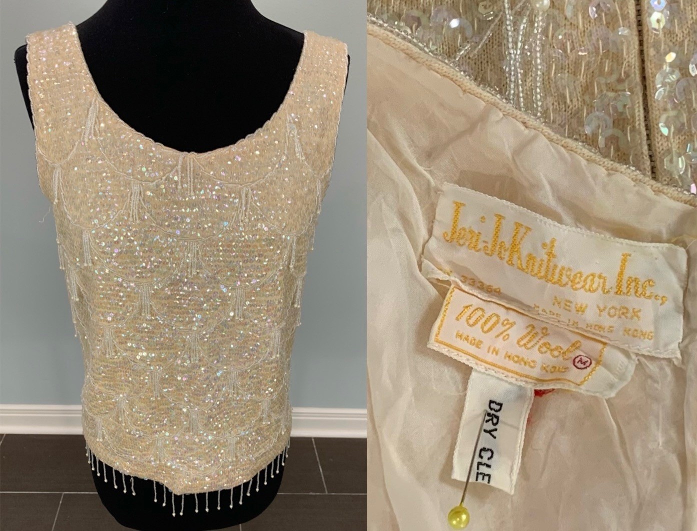 VTG Sparkle Sweater Top – Beads and Sequins Cream Off White – Holiday Party – M