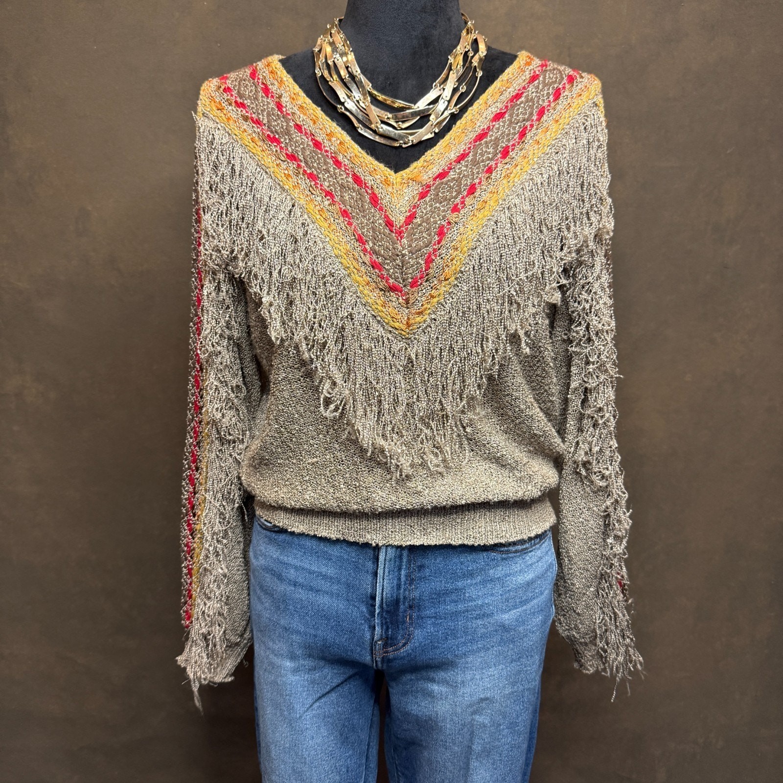 Vintage French Rags Hand Loomed Sweater Fringe Boho Western Style Rayon Size 2
