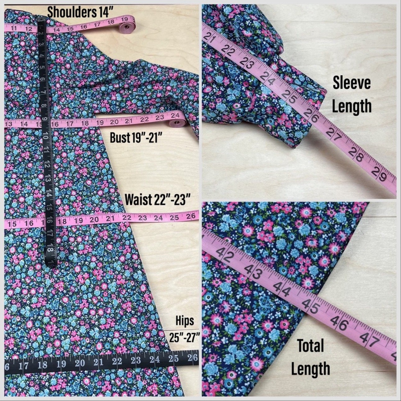 Vintage 1960s Blue and Pink Ditsy Floral Long Sleeve Belted Midi Dress | M/L
