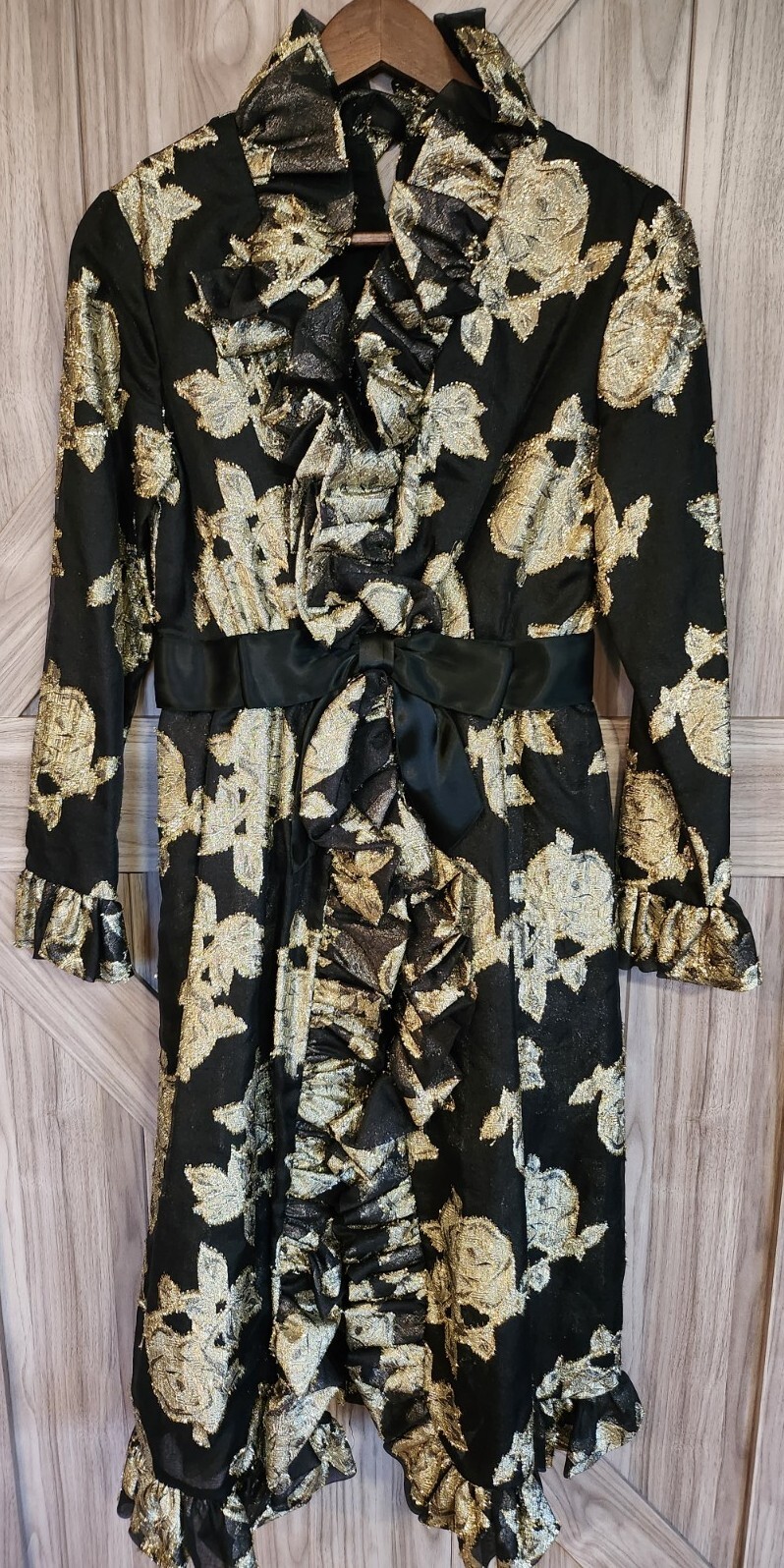 Roger Milot for Fred Perlberg VTG Gold Metallic Floral Ruffle Trim Evening Dress
