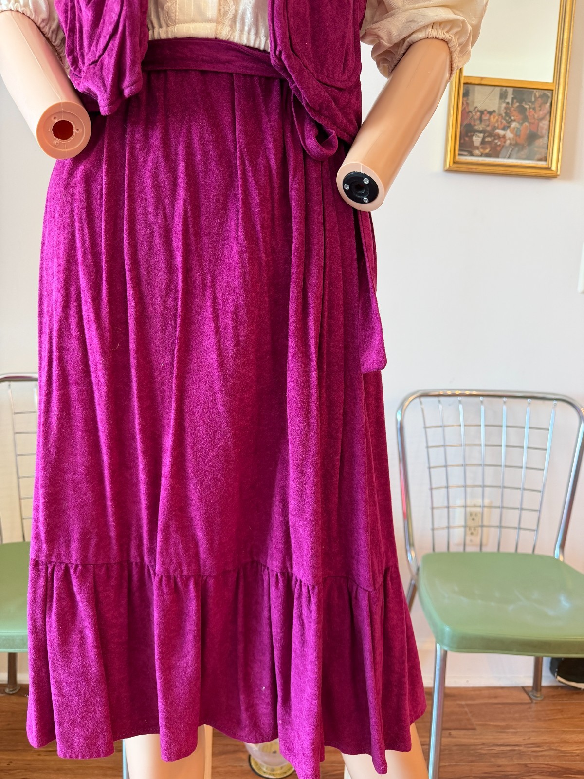 🍷 Vtg 70s Faux Suede Plum Vest Skirt Set Sheer Lace Blouse 3pc M Dress