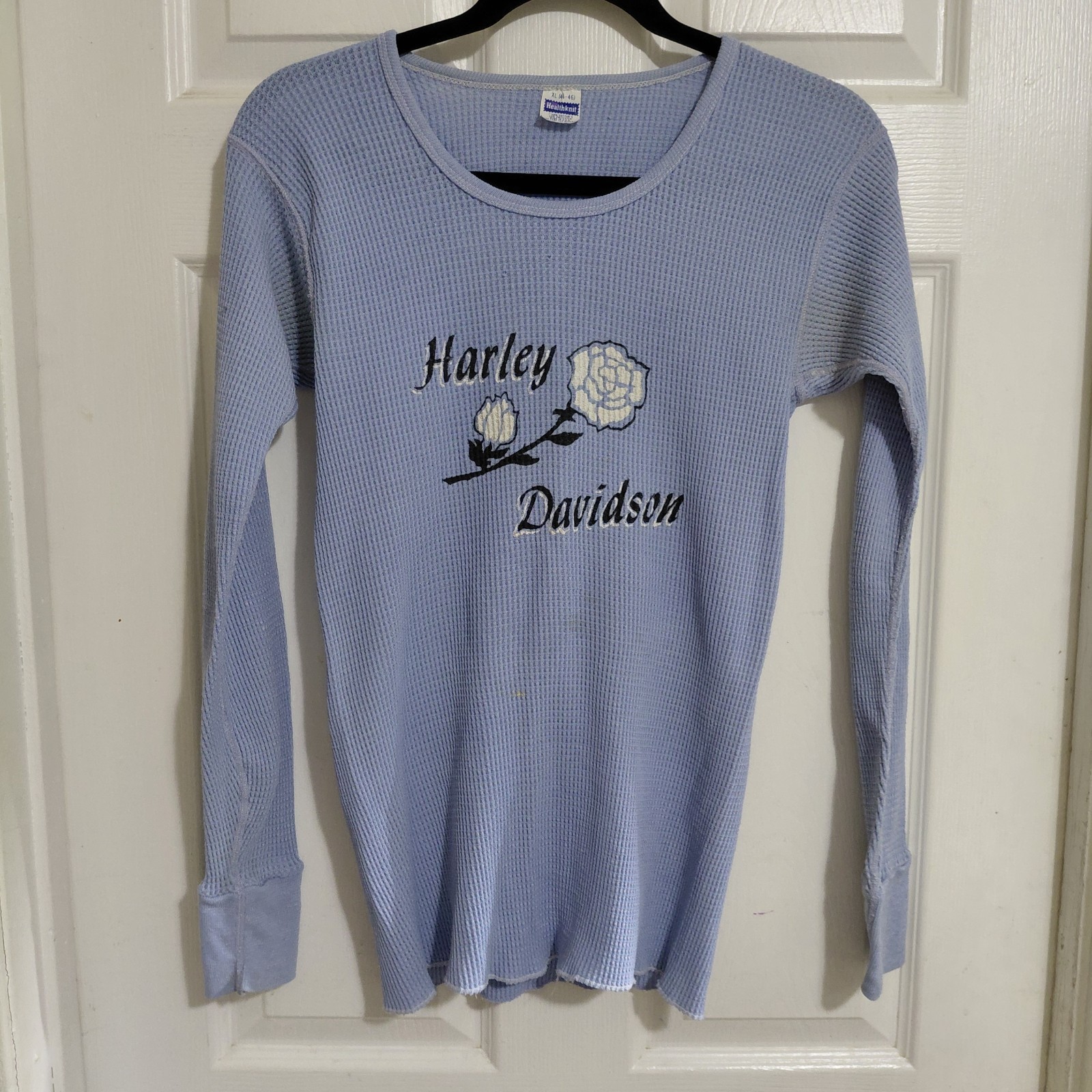 Vintage 80s Kegel Harley-Davidson Rockford IL Rose Light Blue L/S Crew Thermal
