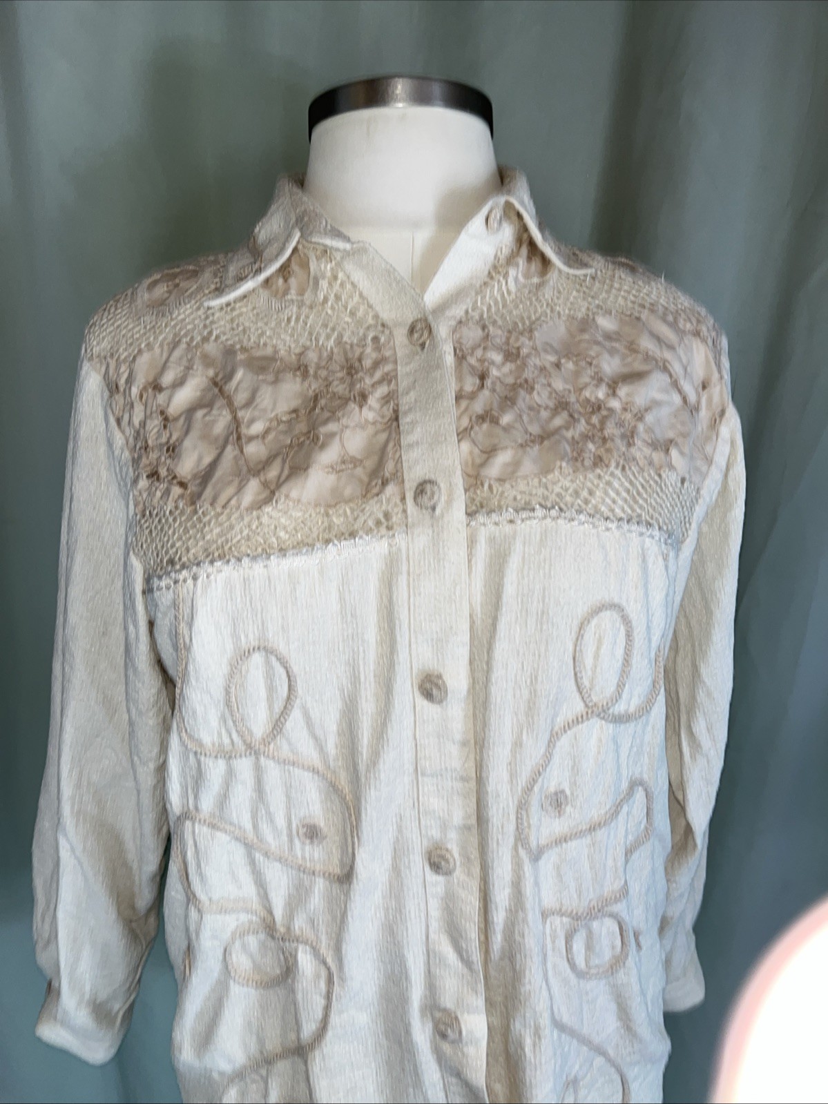Vintage Lim’s Button Front Crochet Shirt Cream Silk