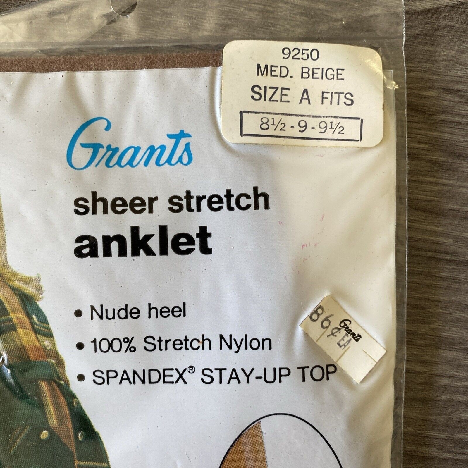 VTG Grants Sheer Stretch Anklet Beige Nude Heel Nylon Spandex Top Size A 8.5-9.5