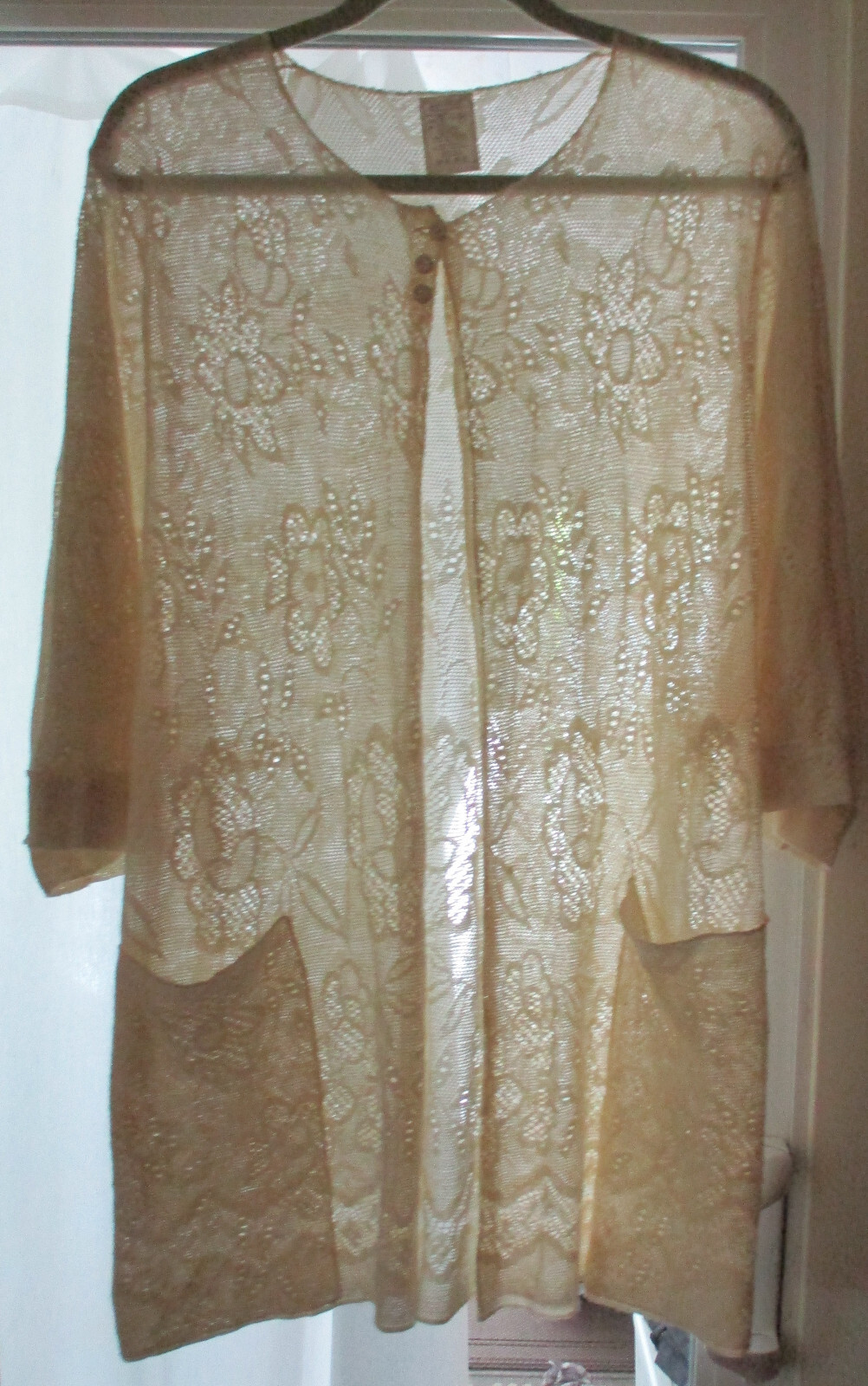 VTG Lace MED Crocheted Open Front Jacket Light Coverup w/ Pockets Made in France