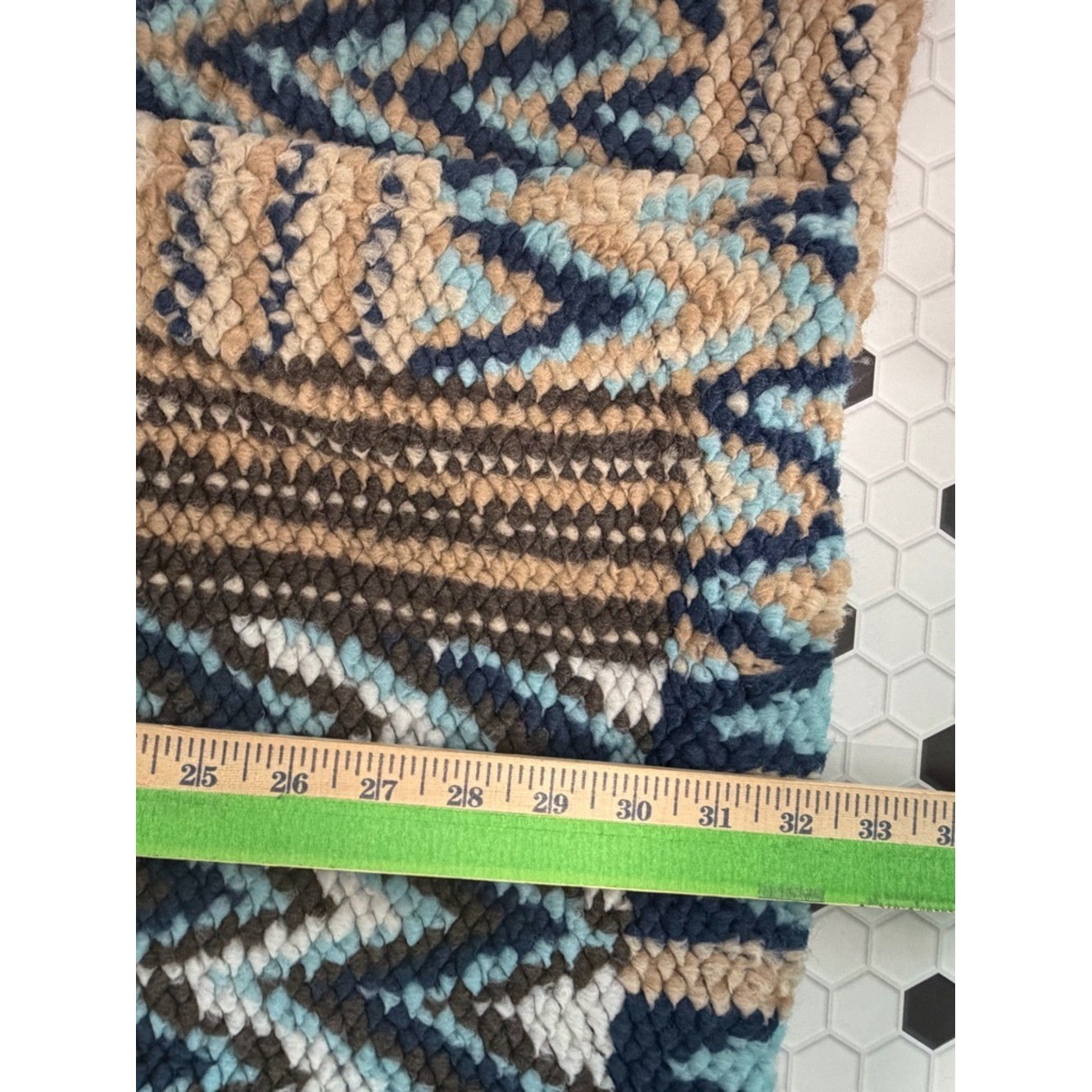 Tempo Paris Chunky Knit Patchwork Coat Neutral Blue Boho Aztec Jacket Sz Med/Lg
