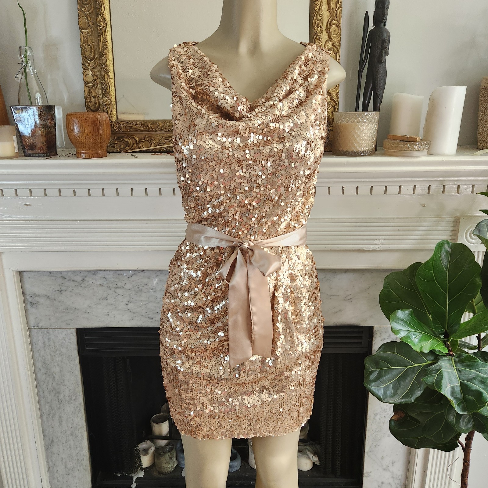 Vintage 90s Cache Gold Sequin Mini Dress Sz 4 Y2K Party Cowl Stretch Party Glam