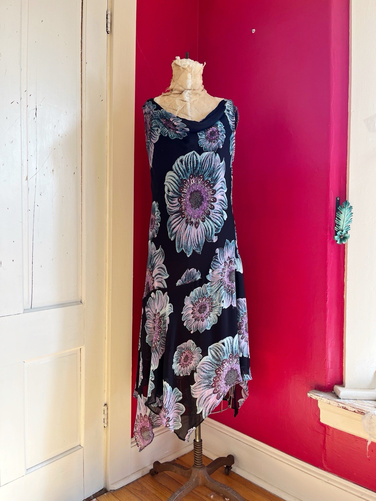 Vintage 1990s Black Chiffon Blue Purple Floral Print Grunge Cowl Neck Dress L