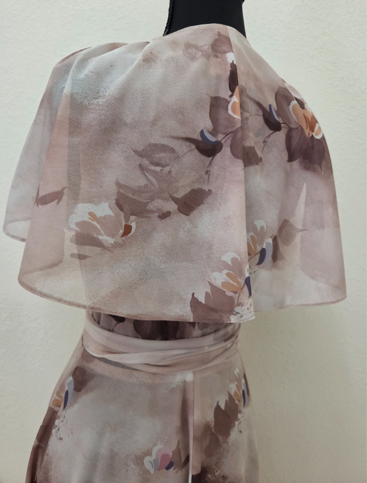 Vintage 1970’s Joseph Magnin Floral Wrap Layered Dress with Tie Cap Sleeves