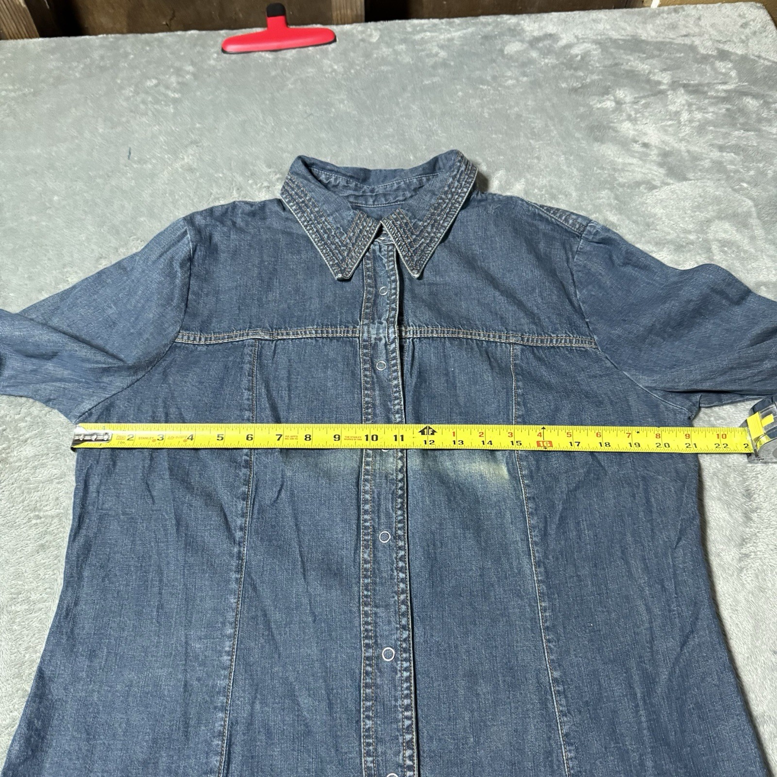 VTG 80s Womens Denim Sharp Collar 3/4 Sleeve Button Snap Shirt Size L 21×27