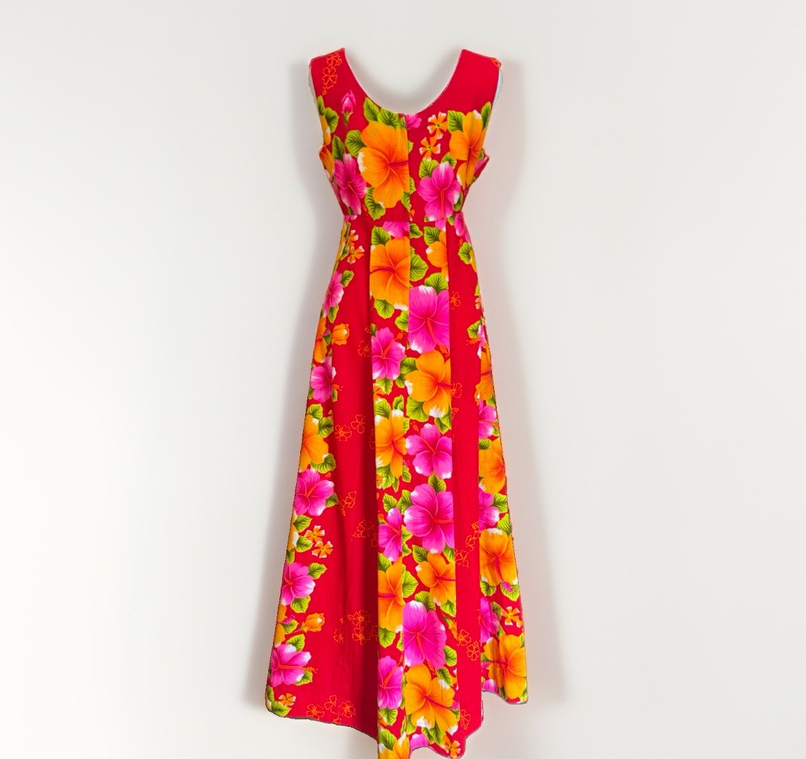 Vtg Pomare Hawaiian Maxi Floral Dress Tiki Luau 60s 70s Hibiscus Empire Waist 10