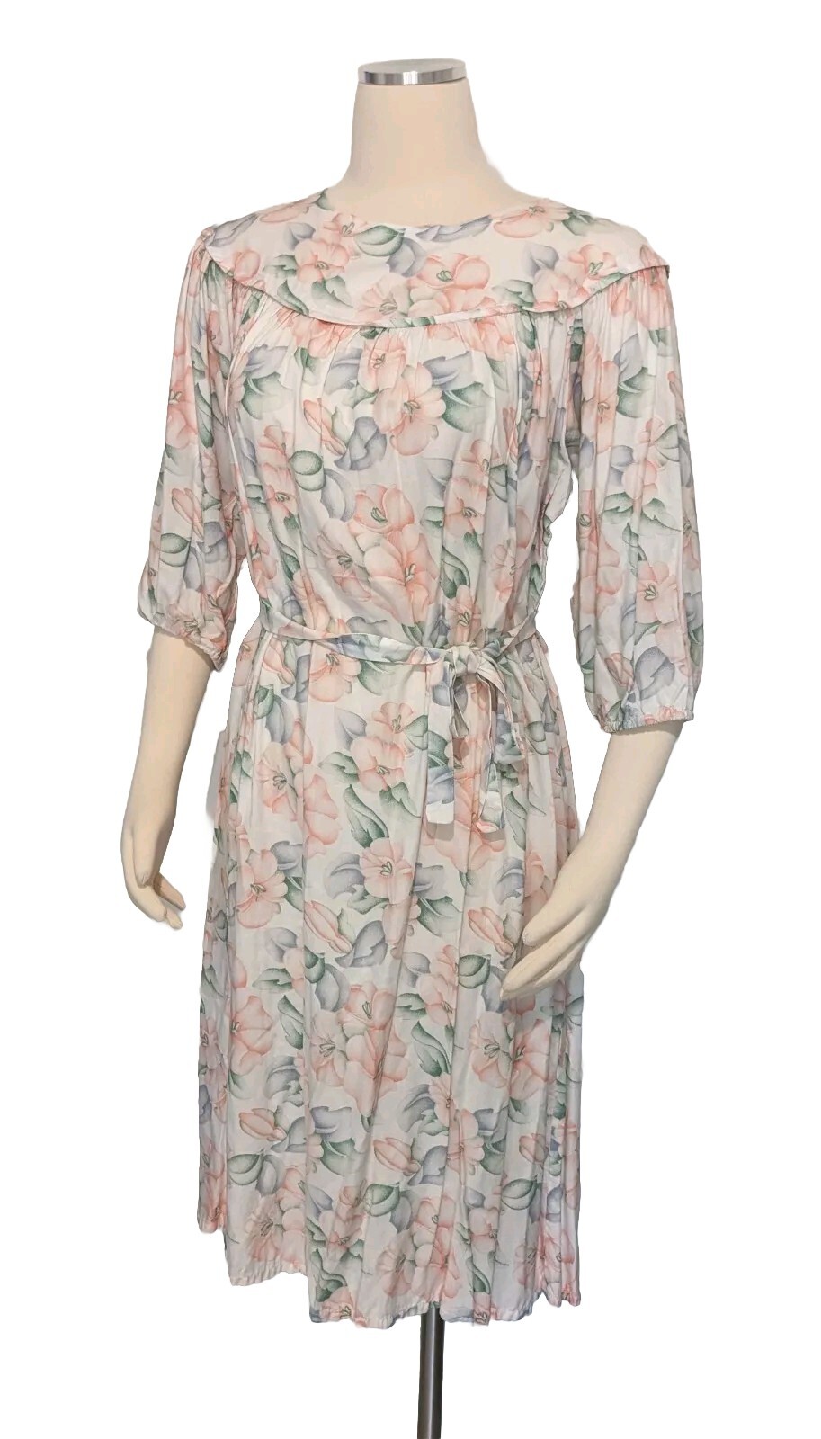 Vintage Pink Floral Yoked Modest Dress Cottage Core Belted 80s Button Back M/L