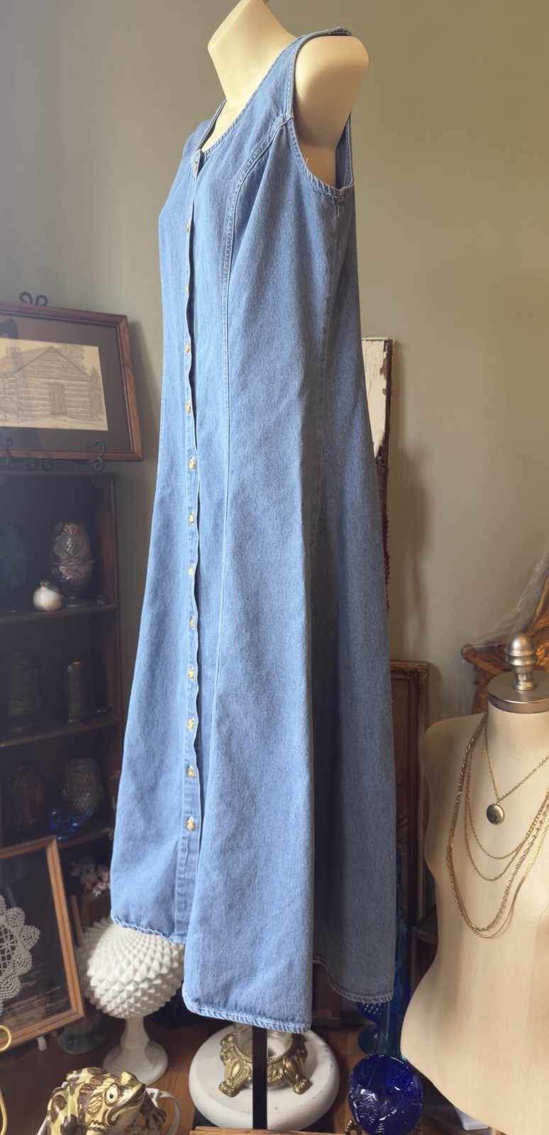 FADS VINTAGE 1980s DENIM DRESS 100% COTTON SIZE 14 SLEEVELESS BUTTON DOWN