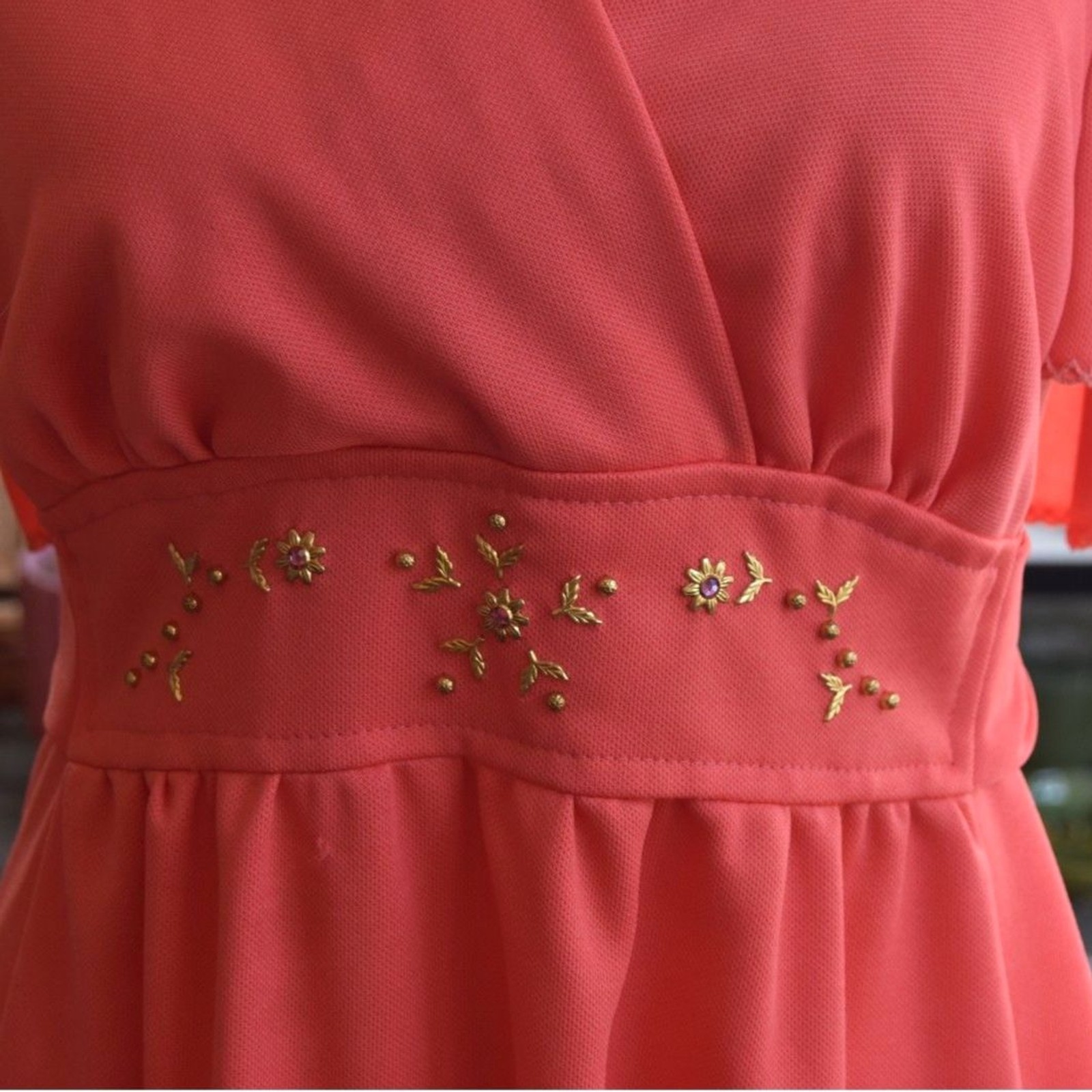 Vintage 70s Coral Hostess Gown Maxi Dress Empire Waist Flutter Sleeve L