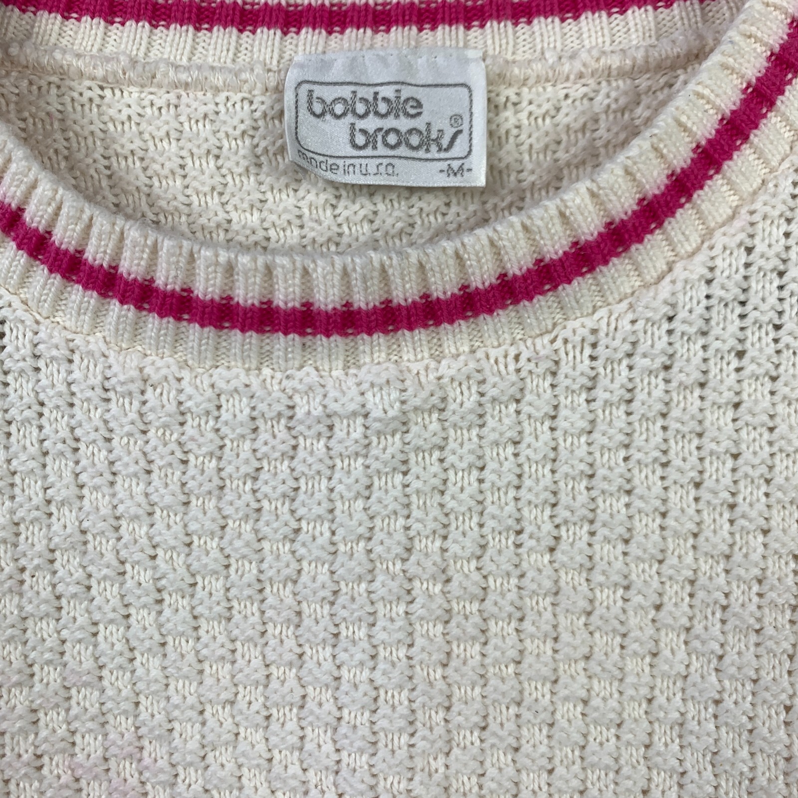 Vintage 90s Bobbie Brooks Pink Off White Knit Sweater Medium Made in USA