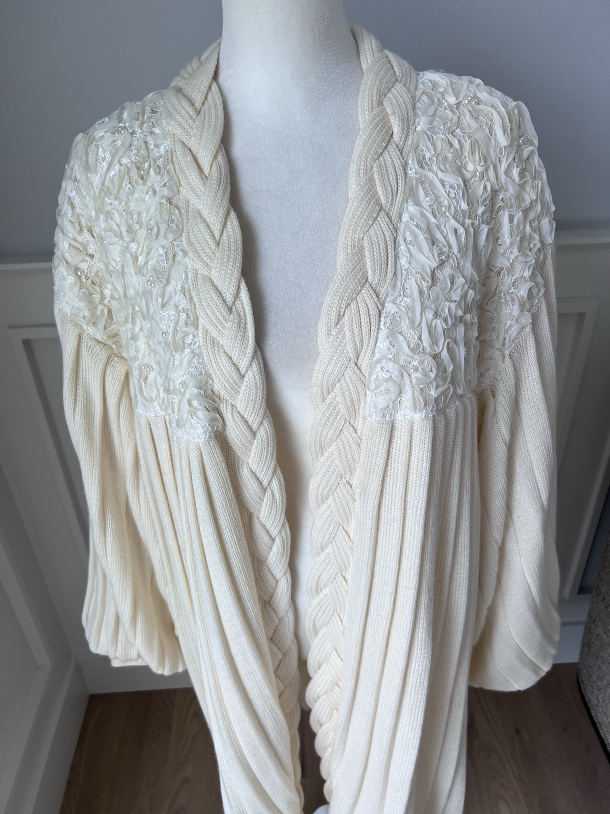 Maurada Vintage Ivory Knit Long Cardigan With Bishop Sleeves Size 1X- 2XL