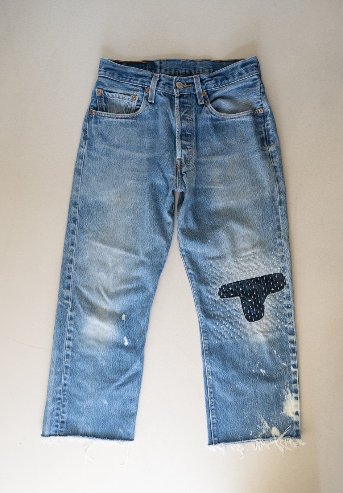 Levi’s 501 Jeans 28 Custom Cropped Sashiko Patched Paint Splatter Distressed