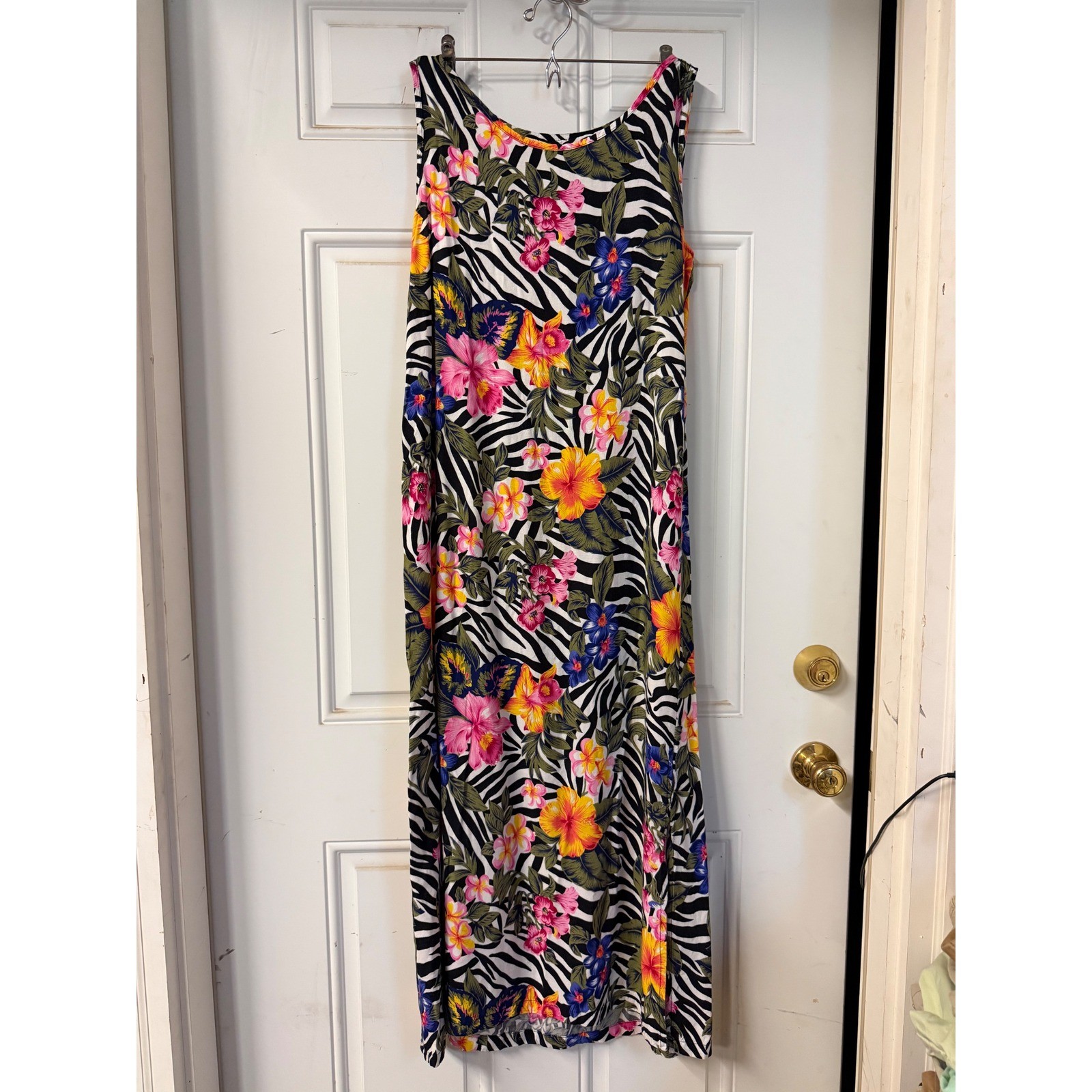 VTG JANE ASHLEY Hawaiian Tank Dress Zebra Floral Animal Print Rayon Midi M