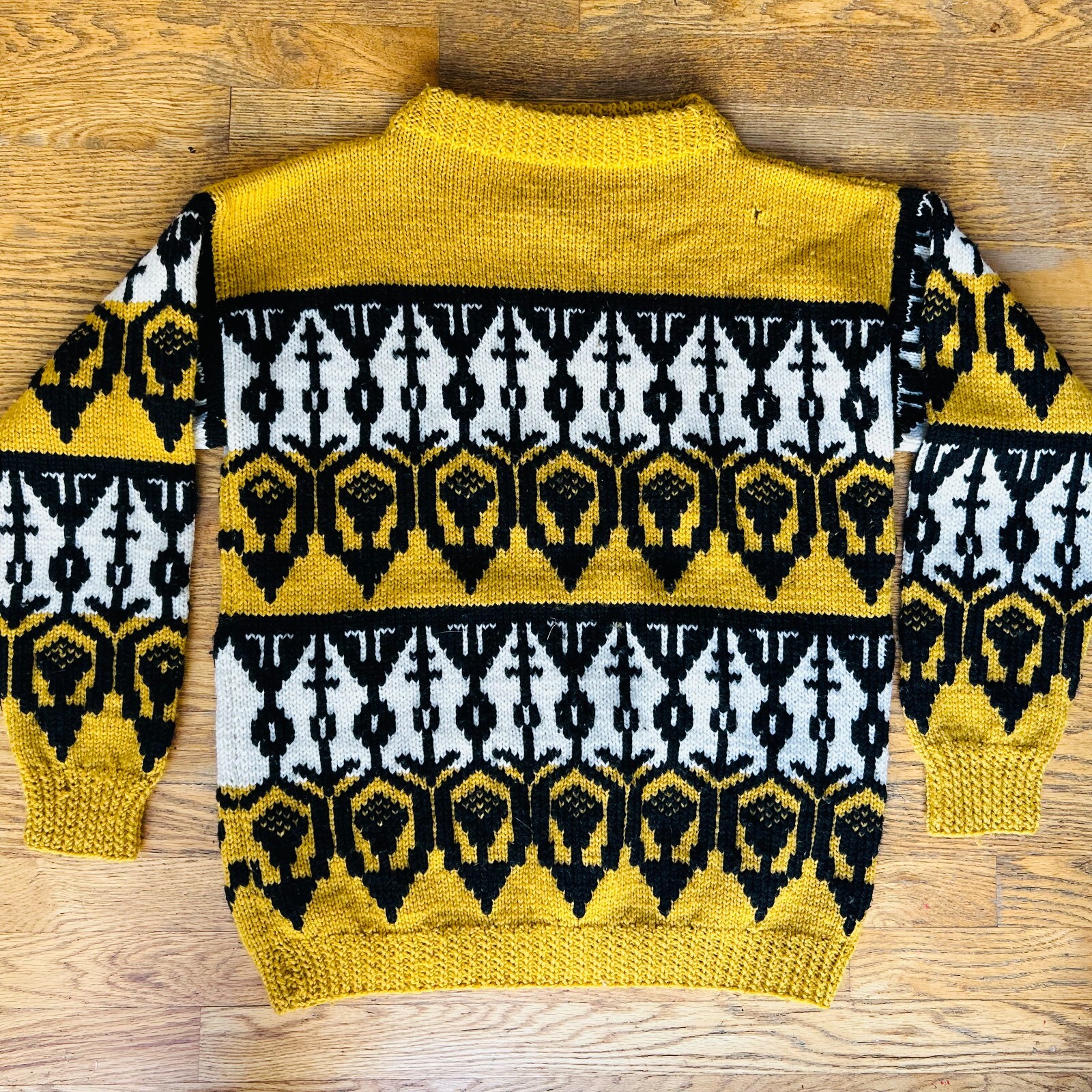 Hand Knit by Gisela M. Morris Yellow and Black Nordic Chunky Wool Sweater
