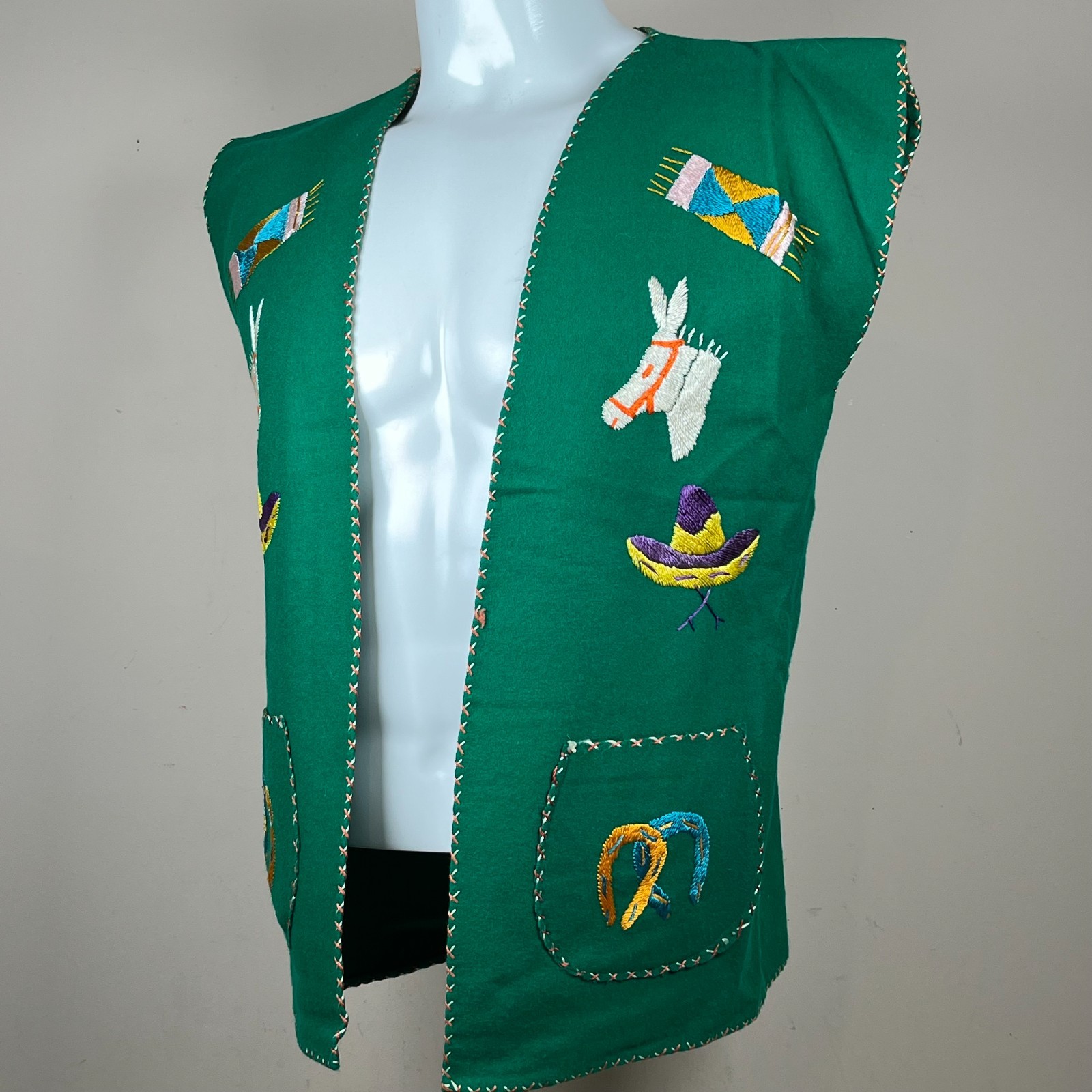 Vintage 1940’s Mexican Embroidered Wool Vest Medium Sombrero Donkey