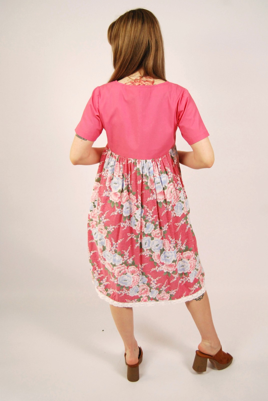 70s Babydoll Dress (2XL) pink vintage midi floral cottage retro rockabilly sweet