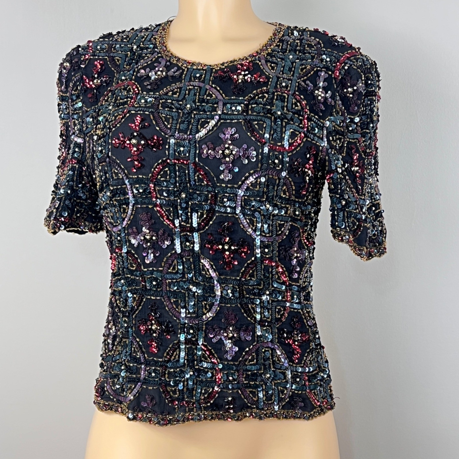 Scala Beaded Sequin Silk Top Womens PM Petite Medium Black Vintage 90s READ