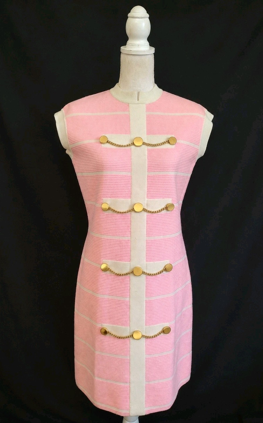60’s Vintage MOD Dress Import Corner Pink White Sheath Shift Gold Chain Button L