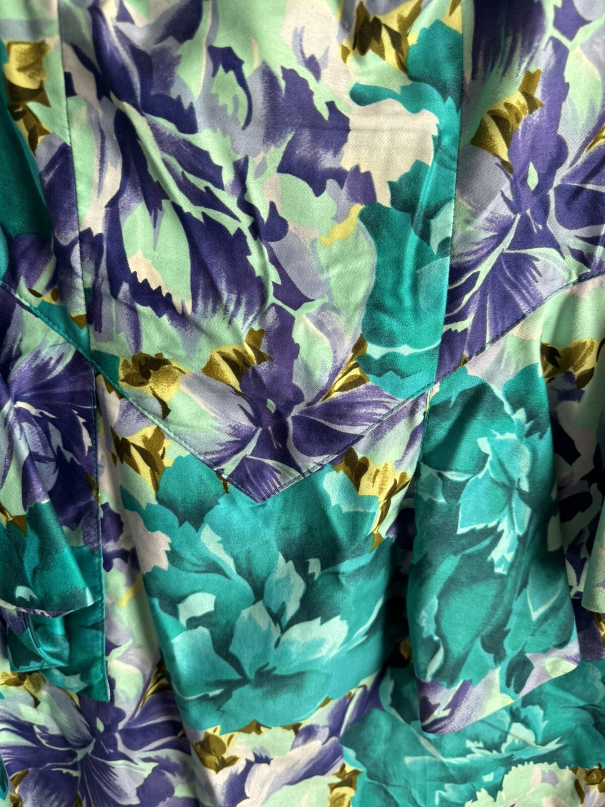 VTG 80s Barbara Barbara Floral Fitted Cotton Dress Bright Teal Bust 30 Waist 28