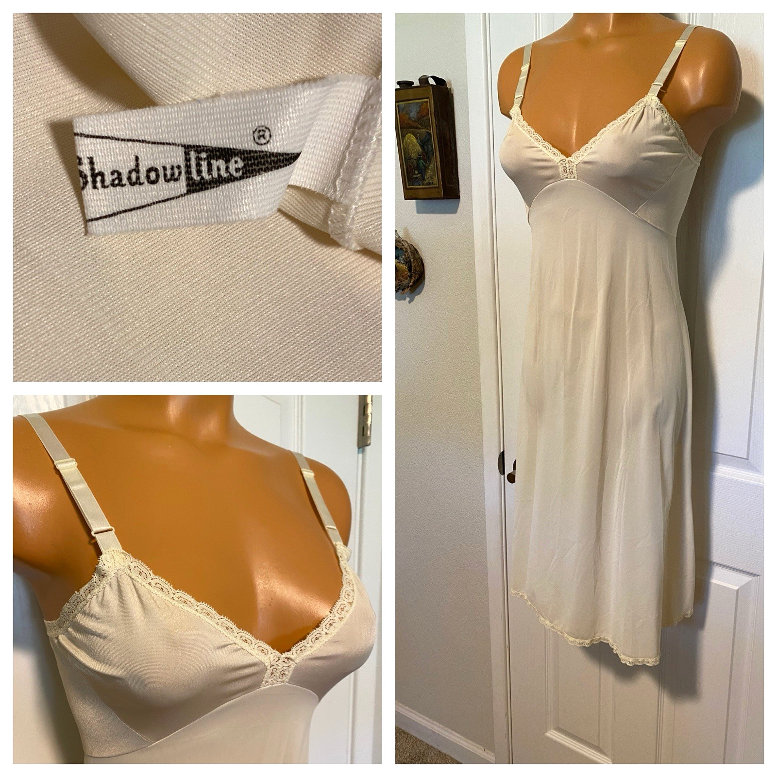 VTG 1960’s SHADOWLINE IVORY W/ SIMPLE LACE TRIM FULL SLIP SZ 32-TALL