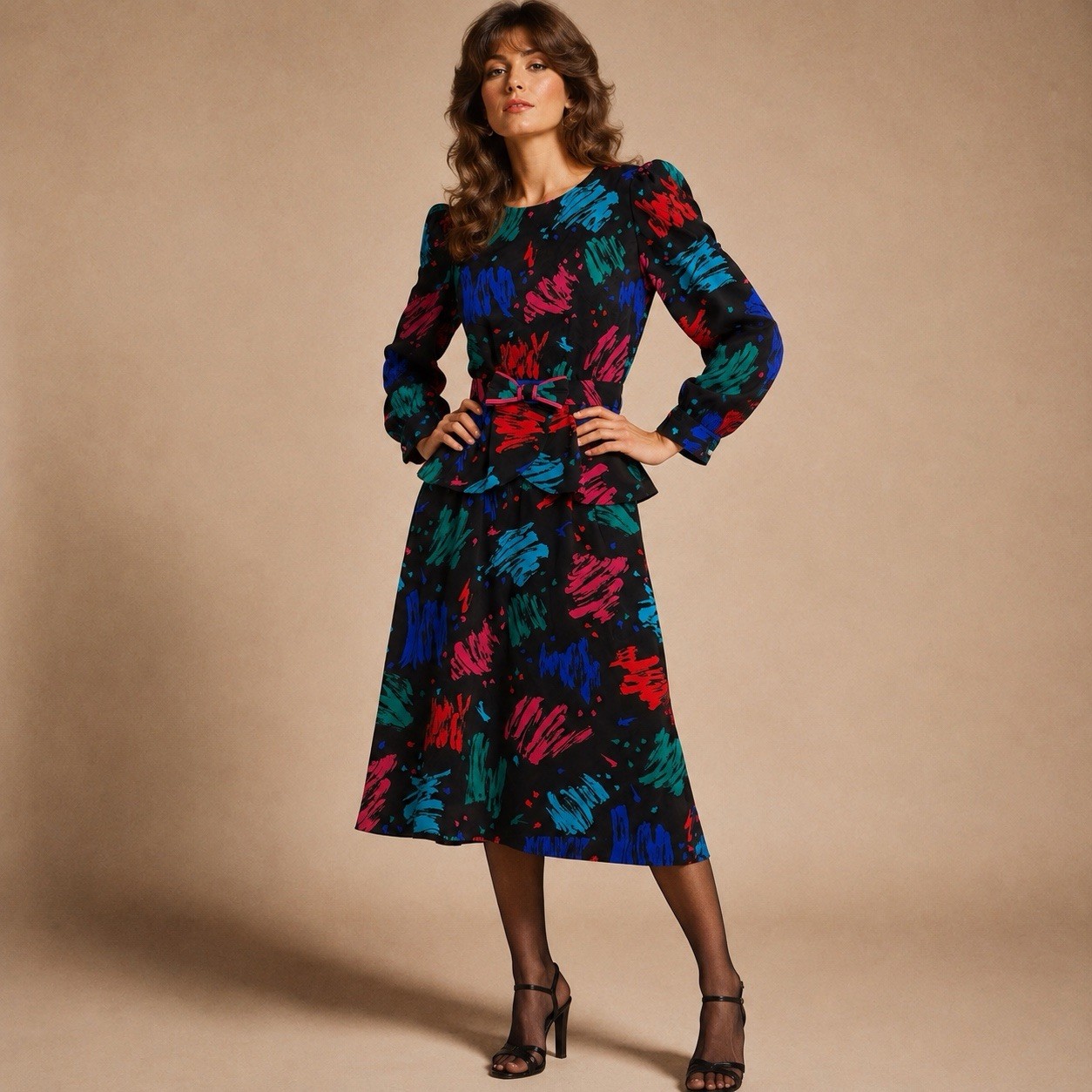 Vintage 80s LANZ Abstract Brushstroke Midi Dress Belted Peplum Pockets Small ?