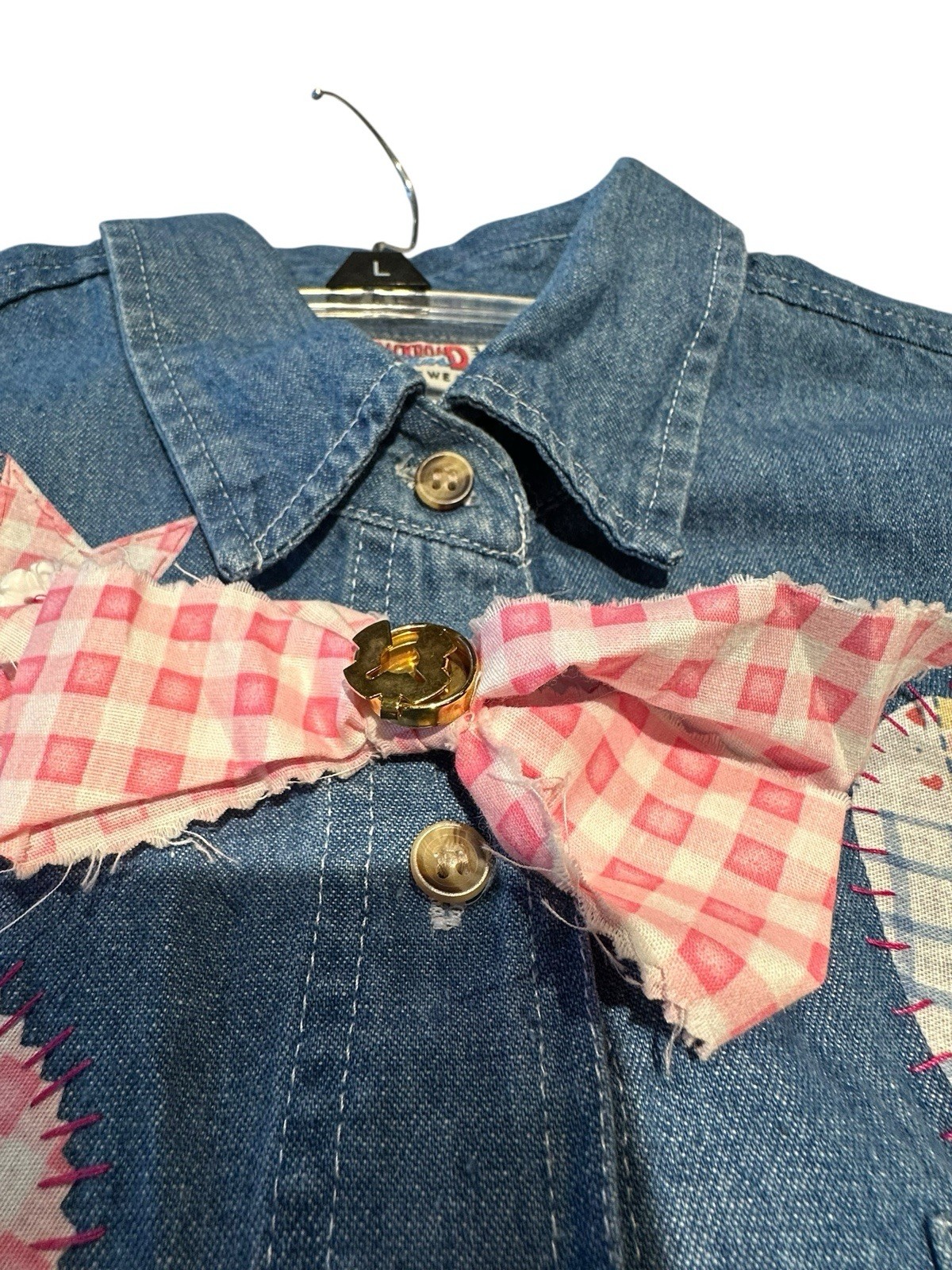 Vtg Western Country 90s Patchwork Denim Top Appliqué Hearts Buttons Lace Large