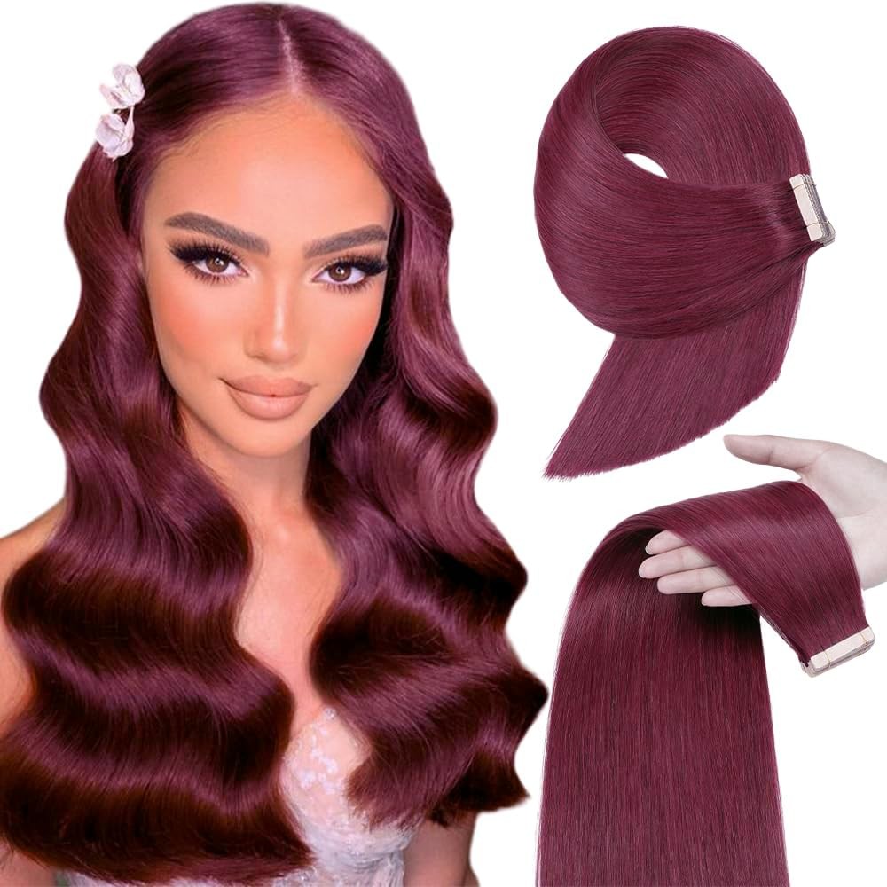 Burgundy Tape in Hair Extensions Human Hair 20pcs 16″ Remy Straight Skin Weft Ta