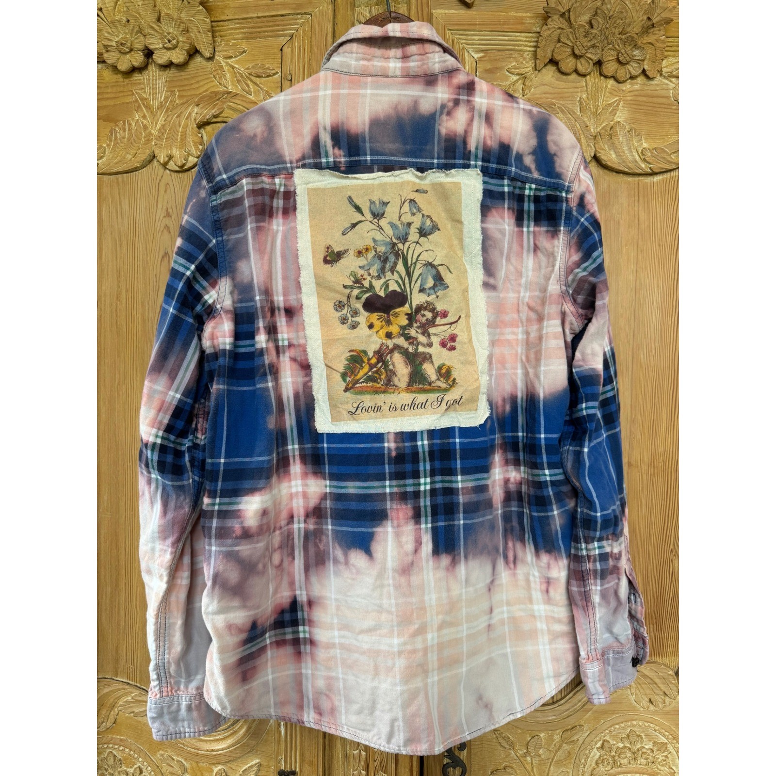Lovin’ Is What I Got” Bleached Cotton Flannel Shirt Large Folk Art