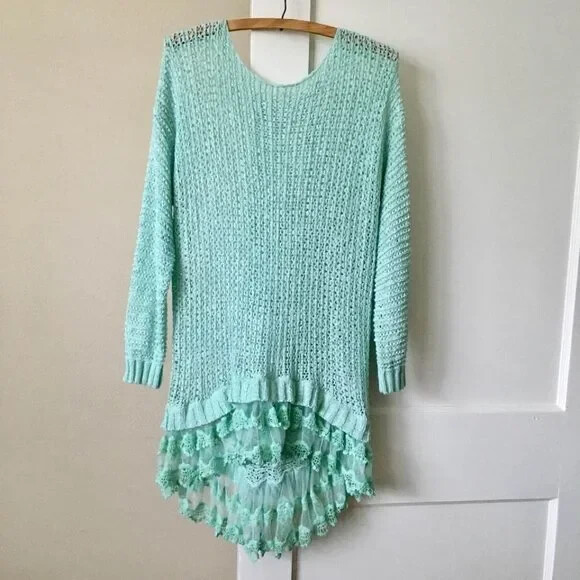 Vintage 80s Knit and Lace Cover Up Pullover Long Top | Size M